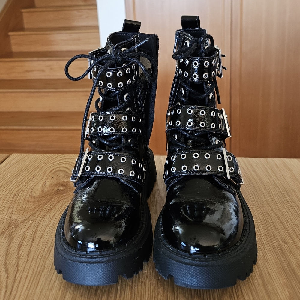 Zara Black Faux Patten Leather Ankle Boots - NWOT